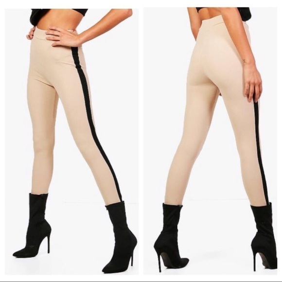 NEW Boohoo Jess Contrast Side Stripe Crepe Legging in Stone - Picture 1 of 7